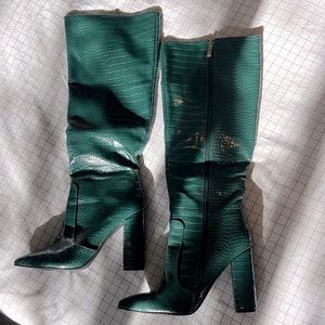 Green Faux Snakeskin Knee High Boots